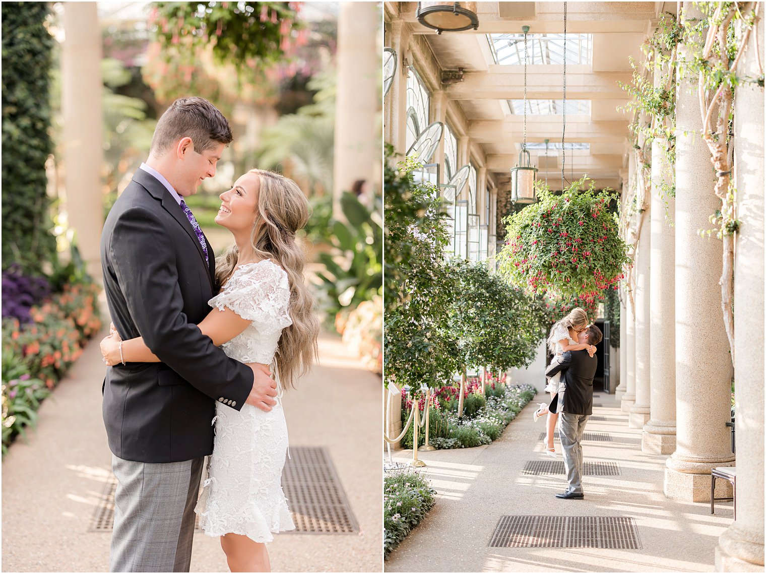 engaged couple hugs in walkway with green plants hanging during Longwood Gardens engagement session