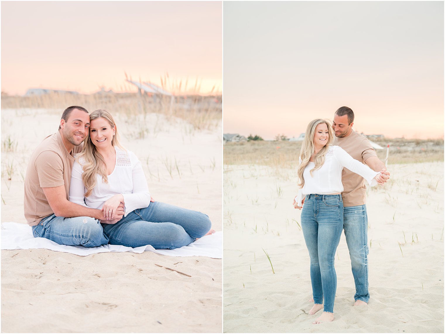 engaged couple sits on beach during Spring Lake engagement session