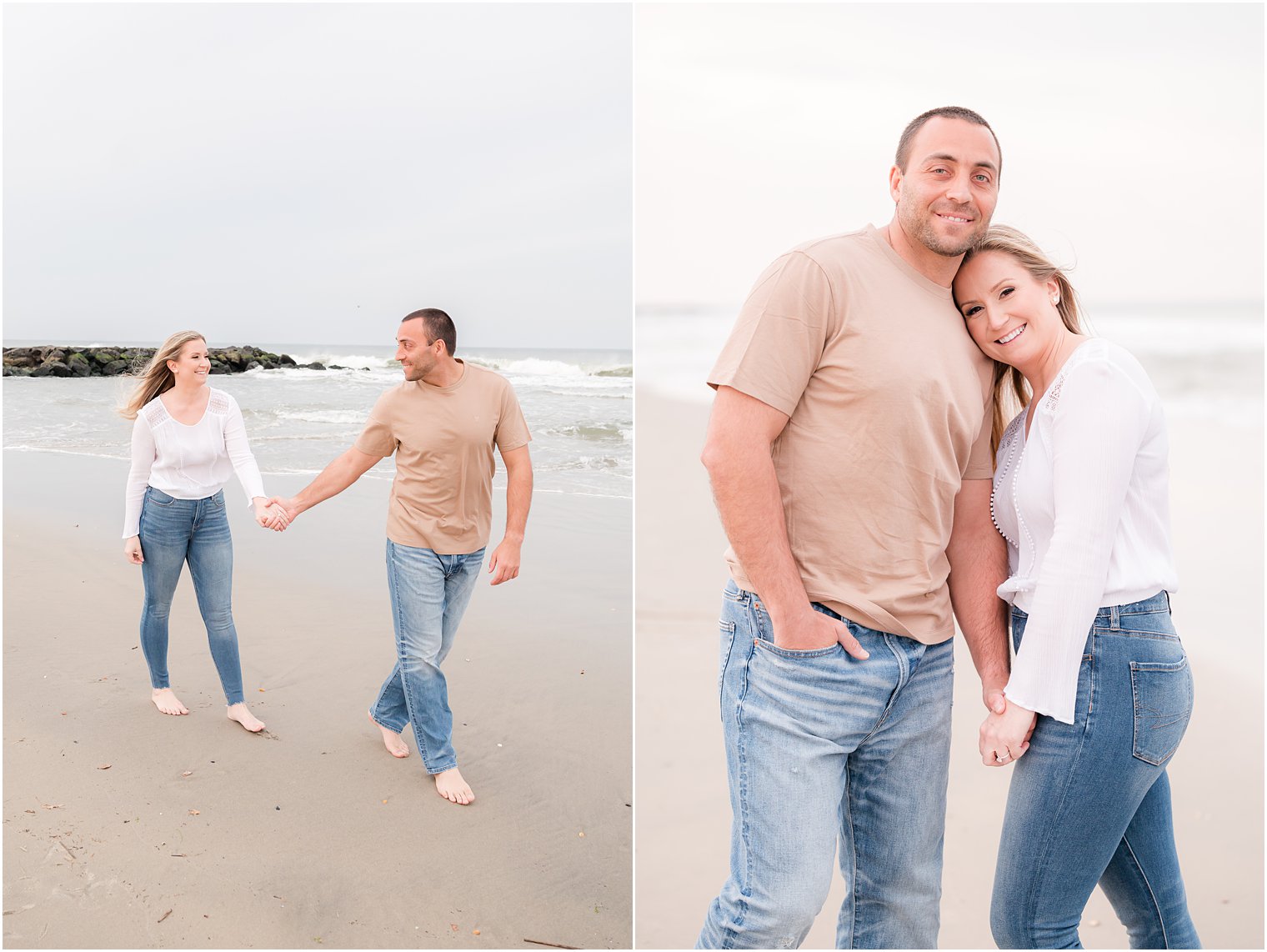 blonde woman leans on man's chest during engagement portraits on Spring Lake Beach