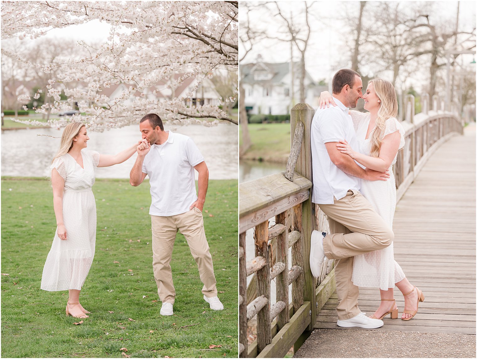 groom twirls bride under pink cherry blossoms during Spring Lake engagement session