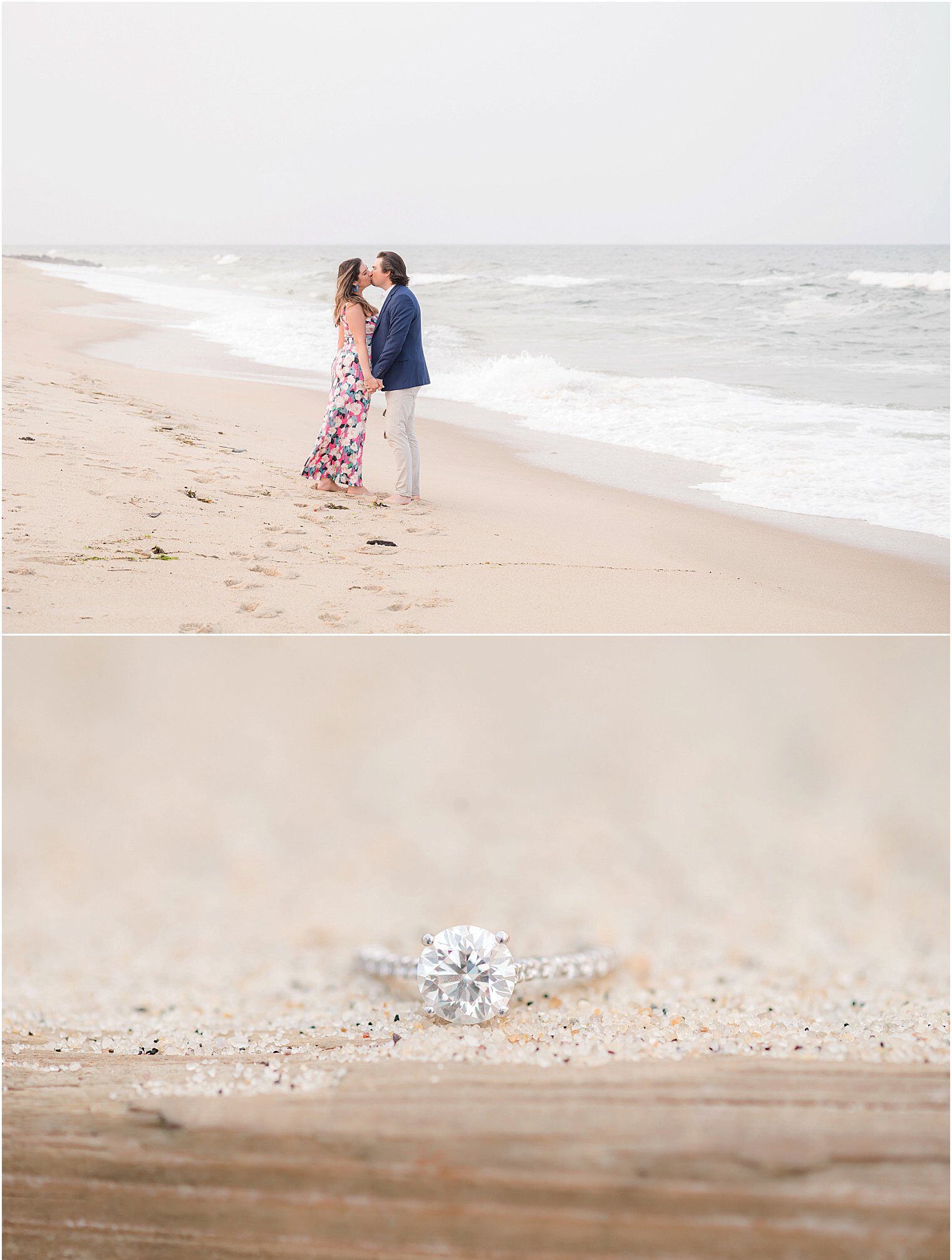 Couple engagement session with the ring at the jersey shore