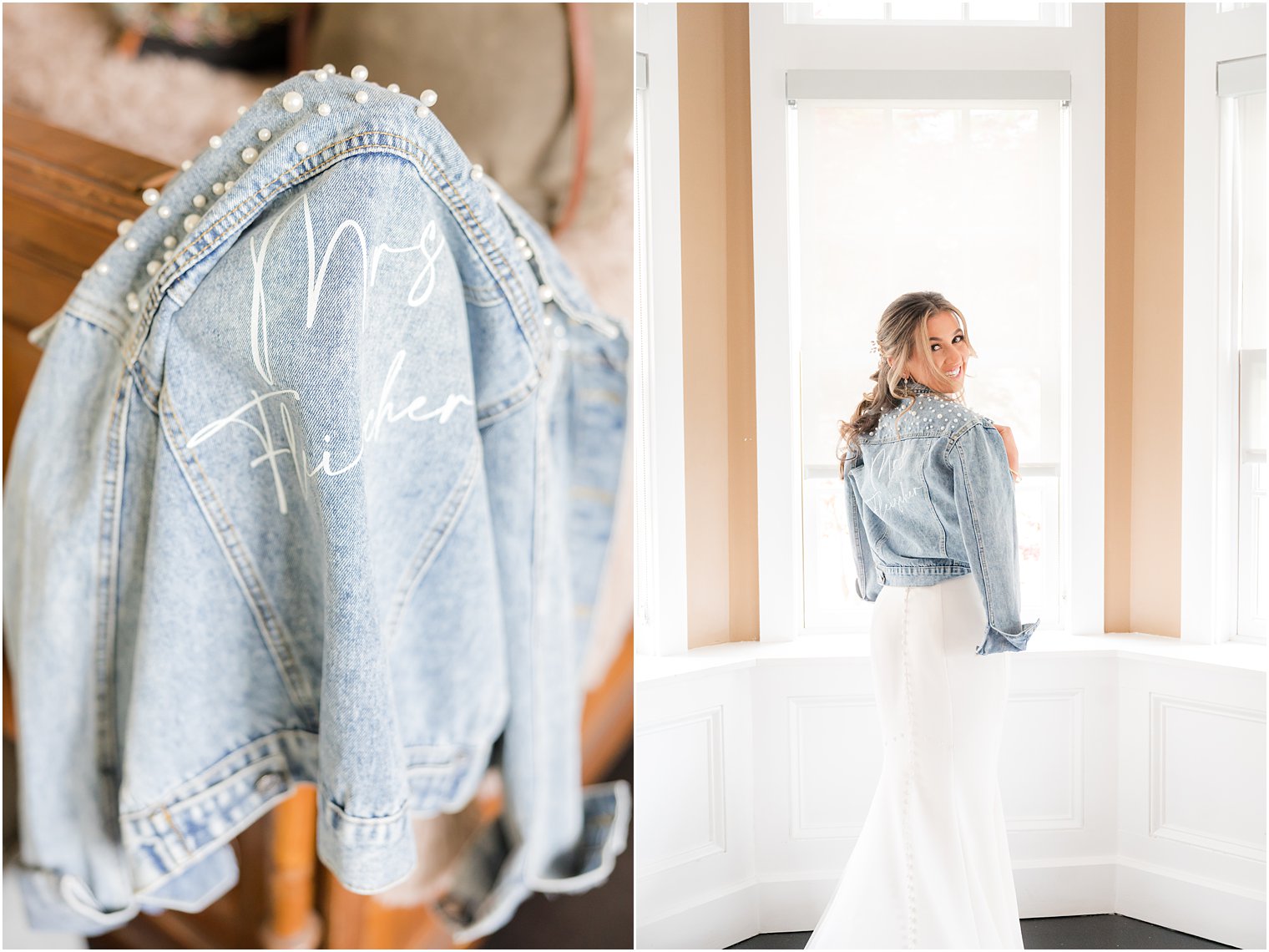 bride poses in window at Ryland Inn with jean jacket over shoulders 