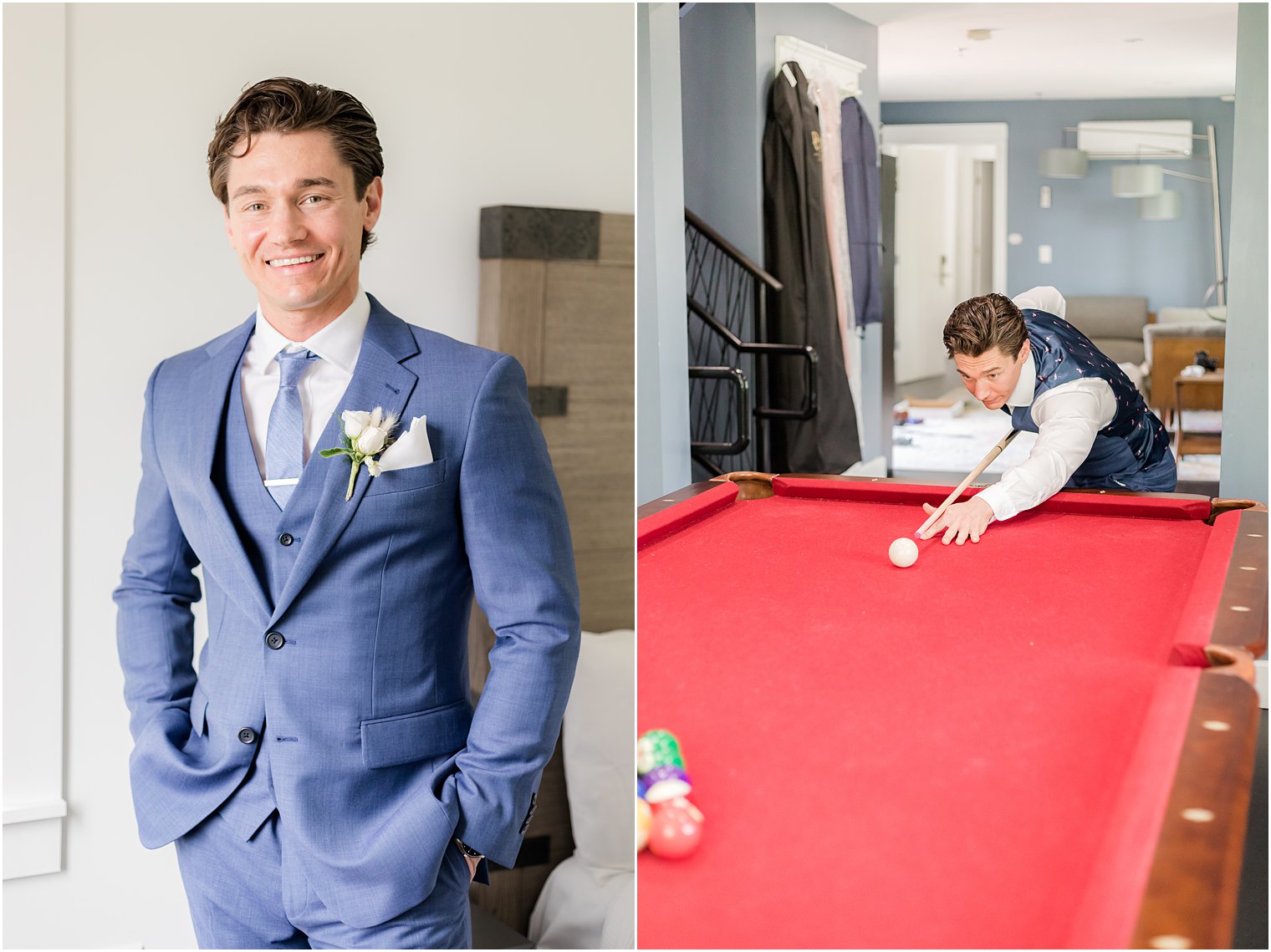 groom shoots pool in groom's suite at Ryland Inn