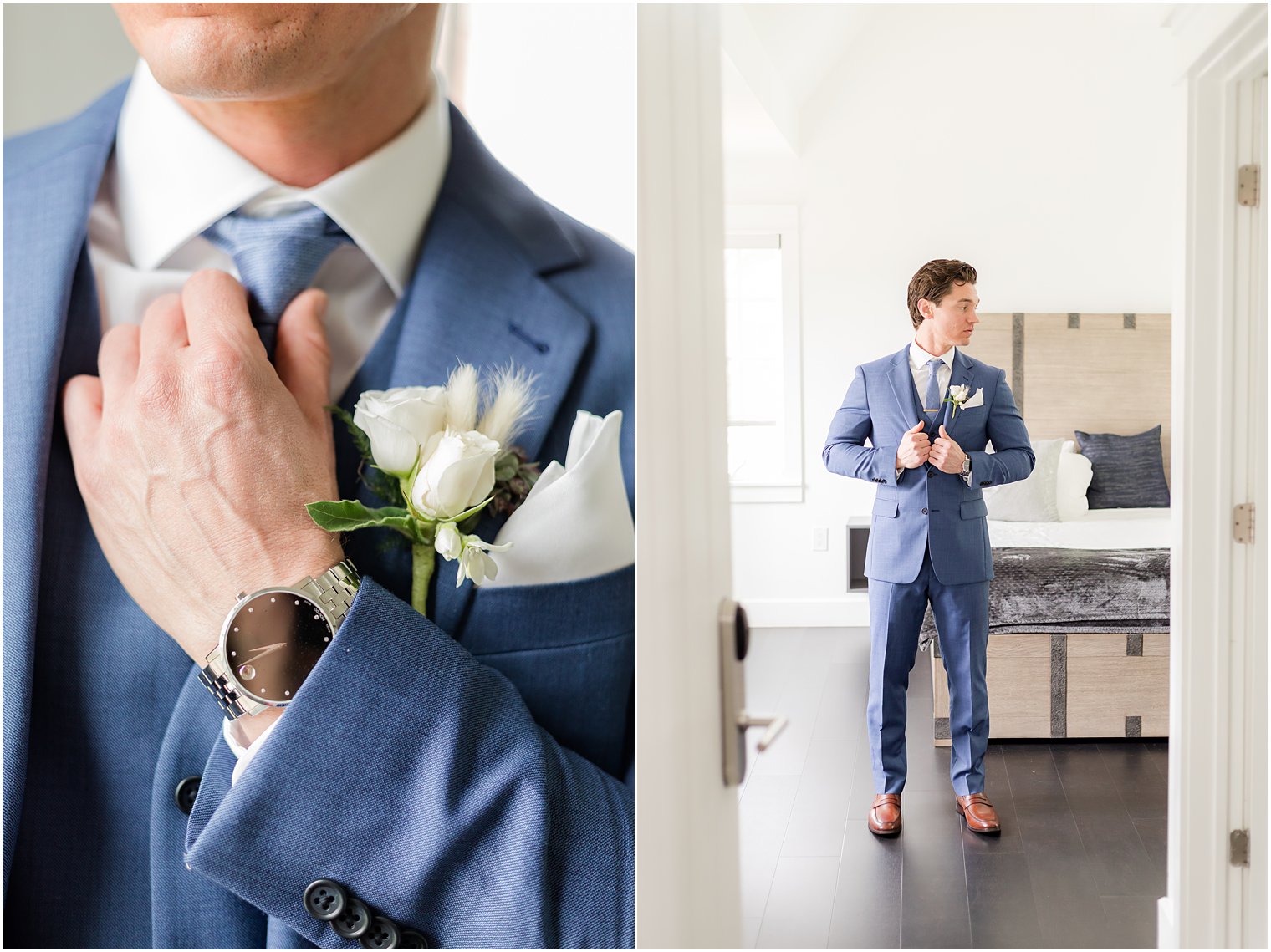 groom stands in suite holding jacket and adjusting tie