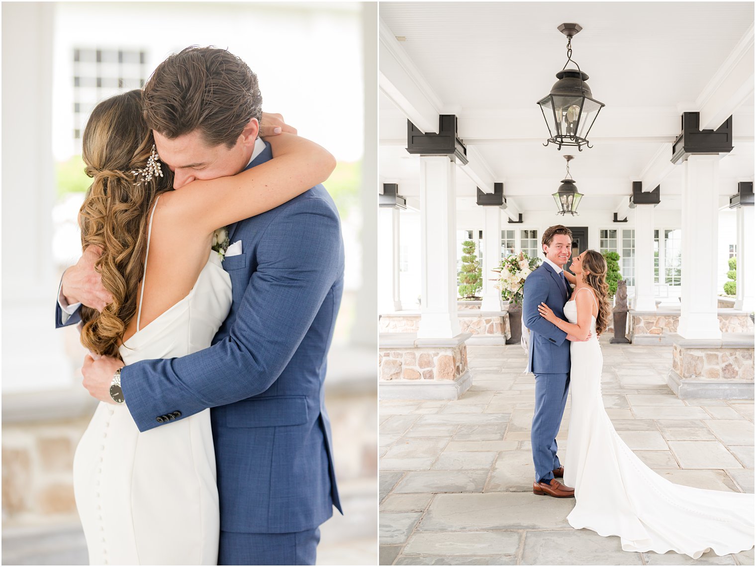 couple hugs during first look under awning at Ryland Inn