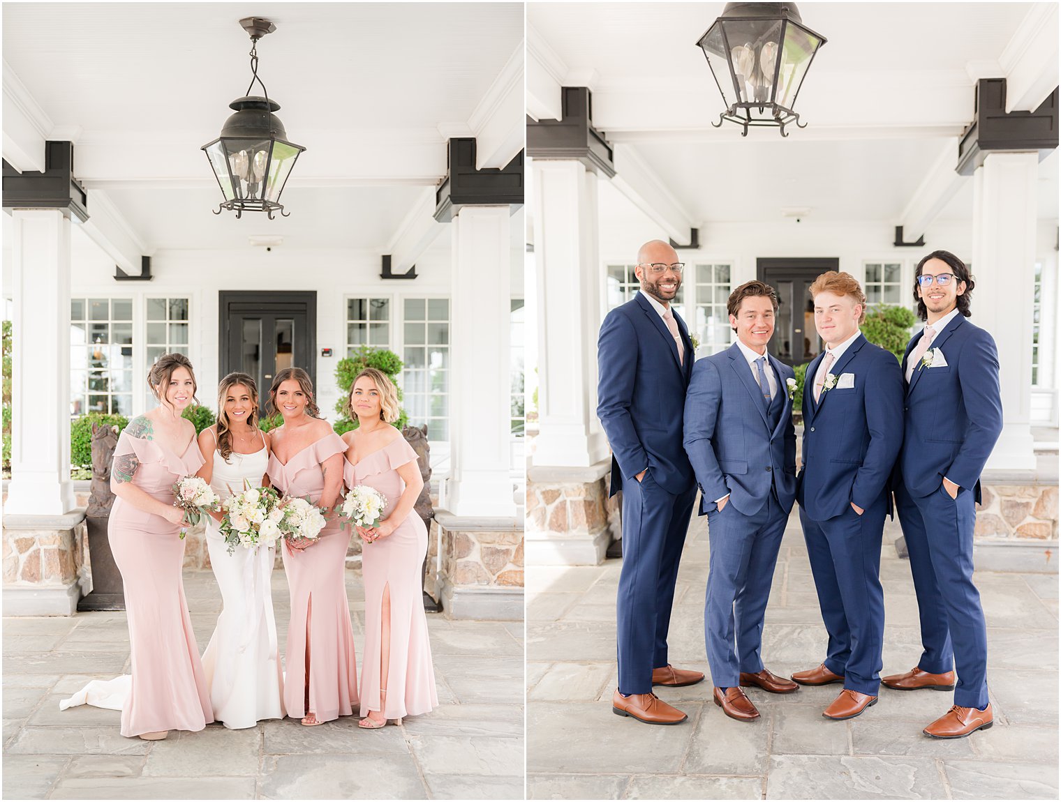 bride and groom stand with wedding party in pink dresses and navy suits