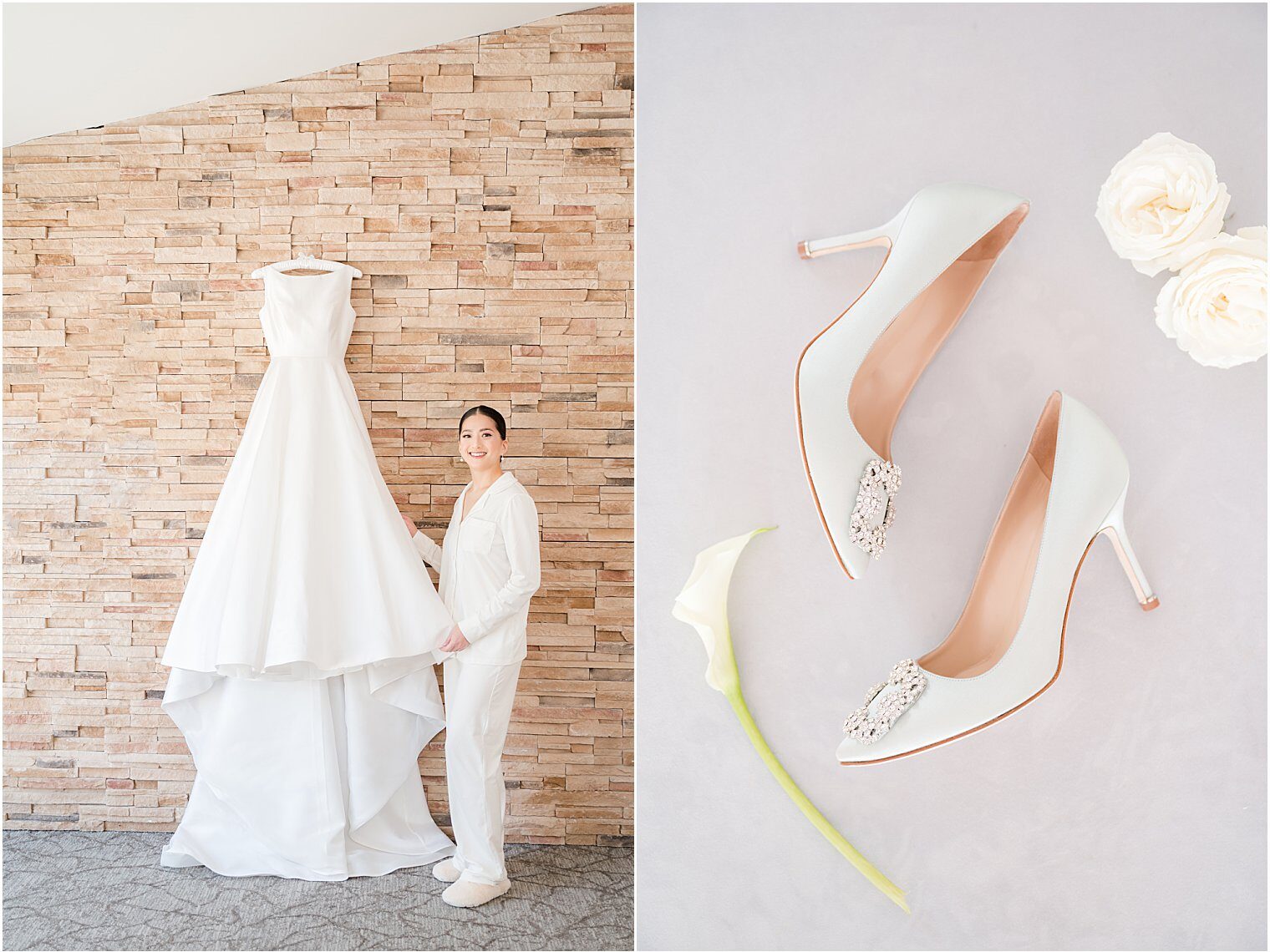 Bride with her dress and shoes for the wedding of her dreams