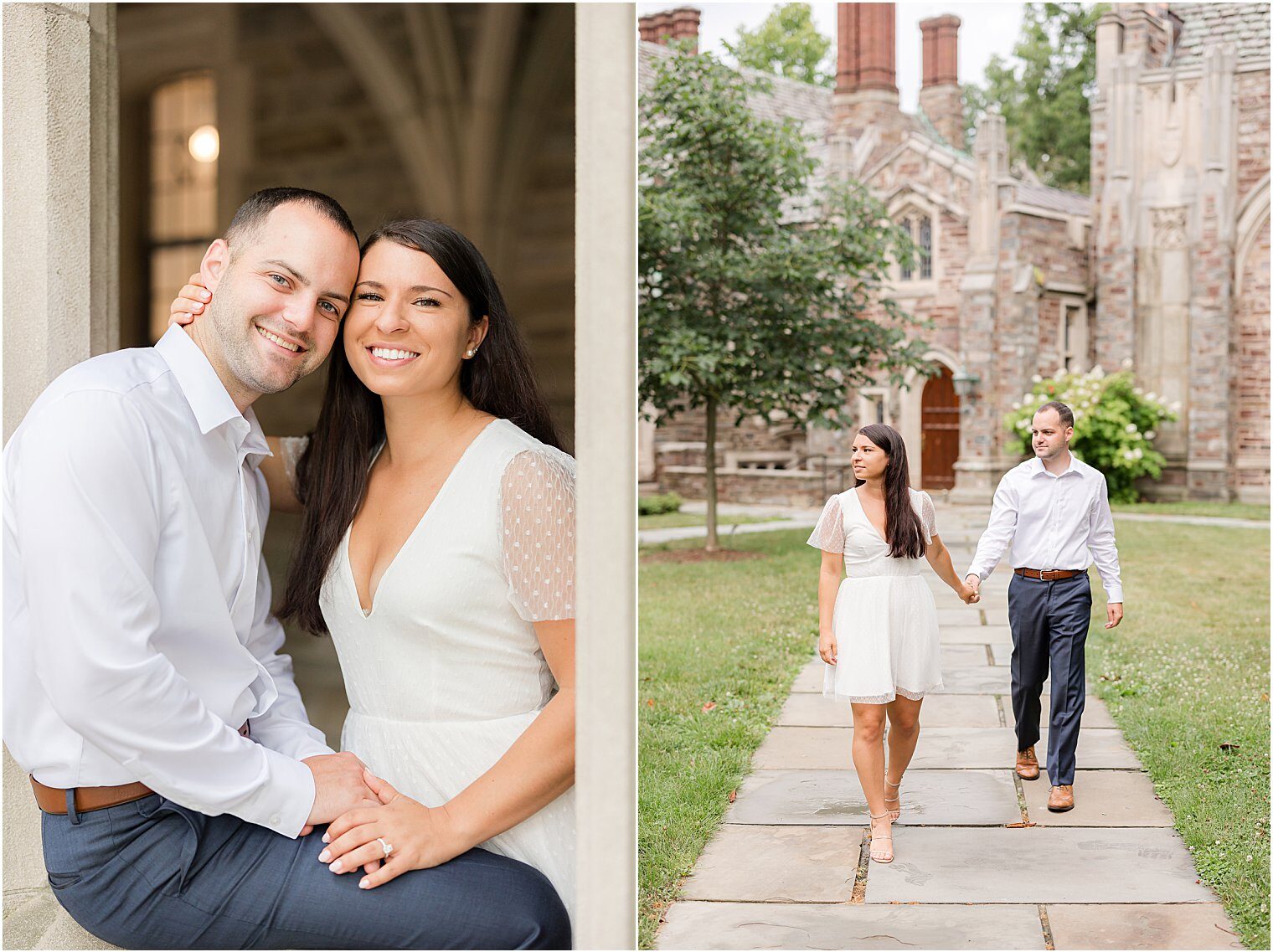 Engaged couple smiling and walking at Princeton New Jersey