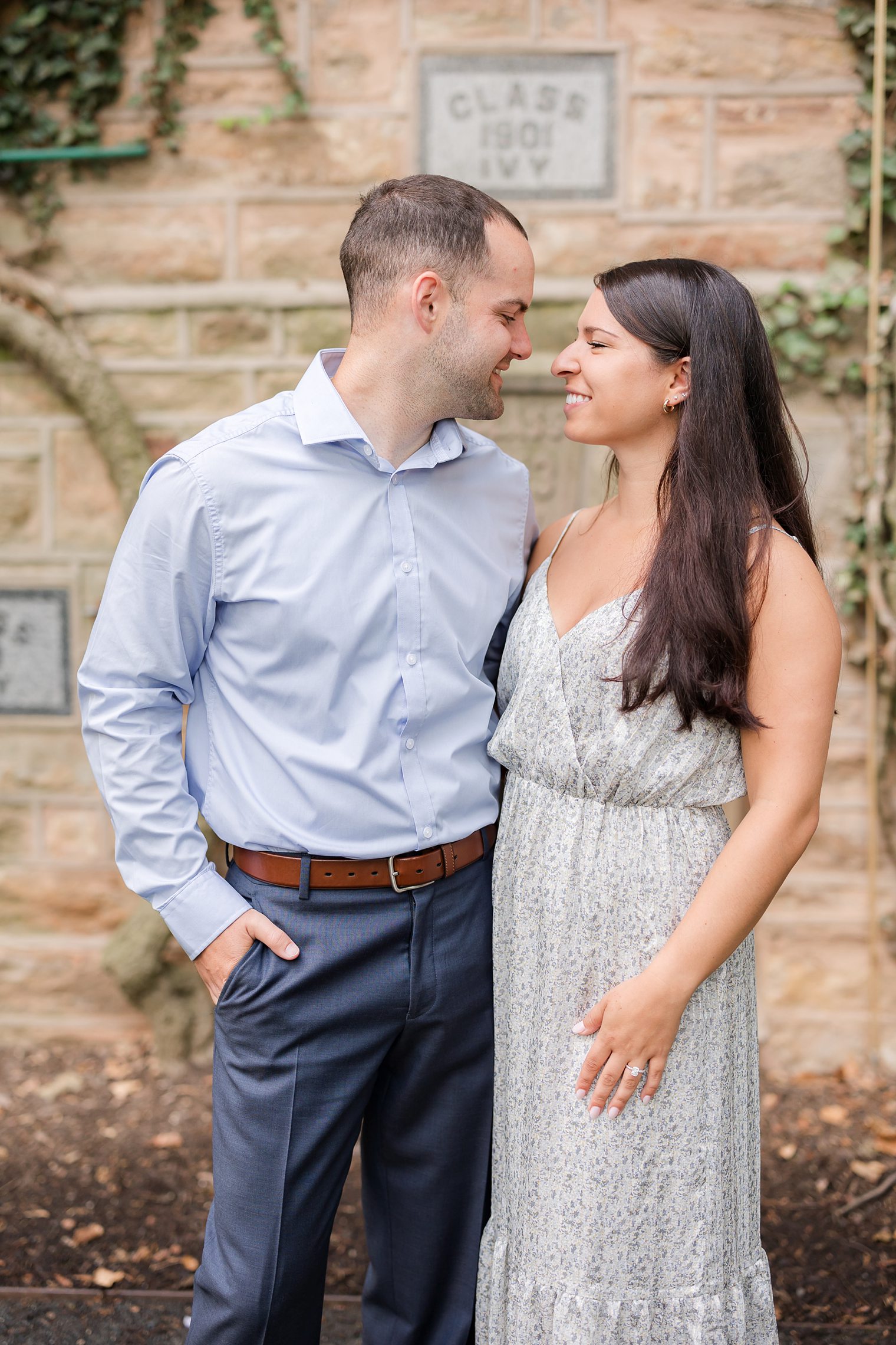 engaged couple happily facing each other at Princeton New Jersey 