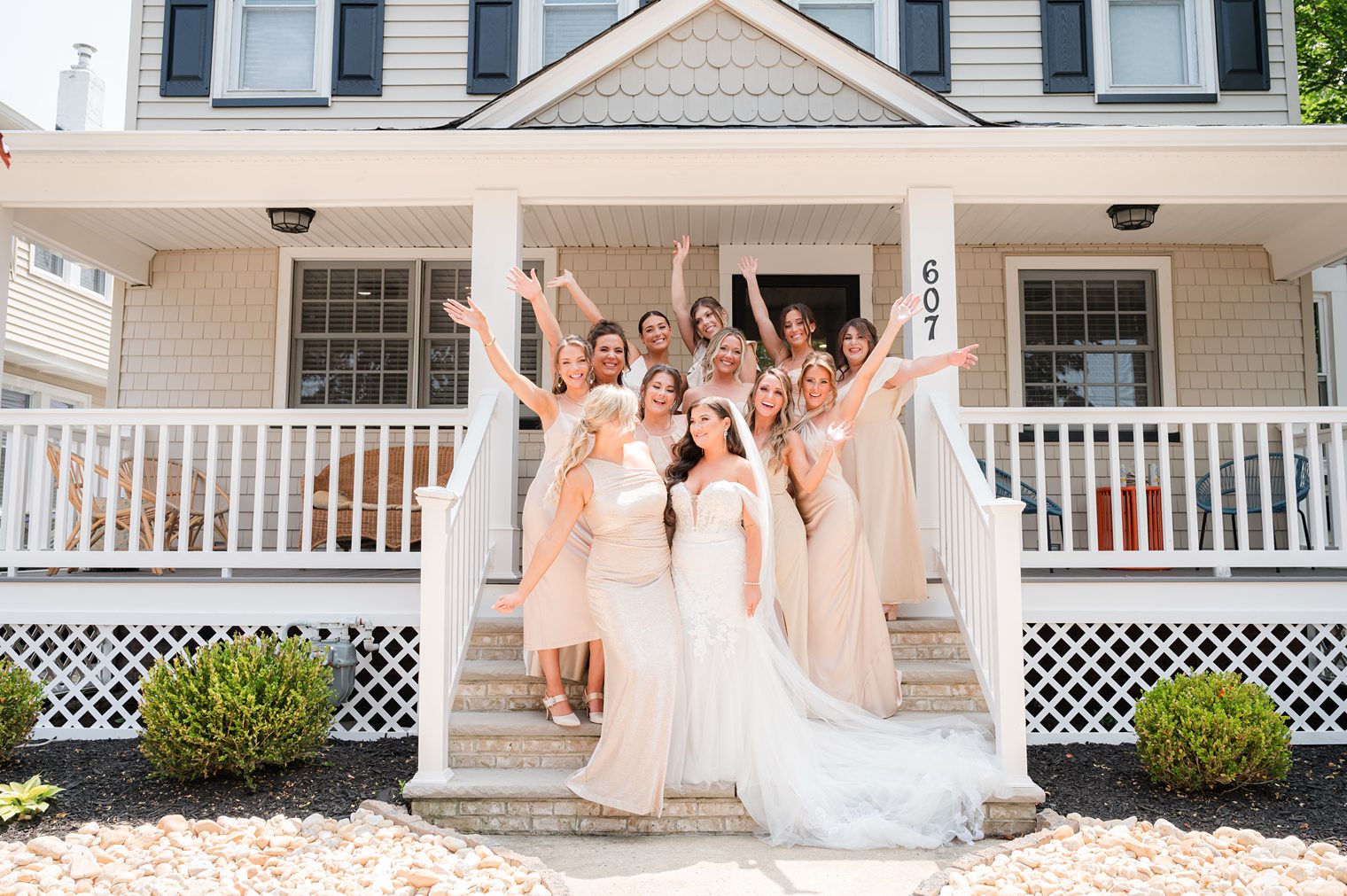 Bride with her bridesmaids celebrating the big day