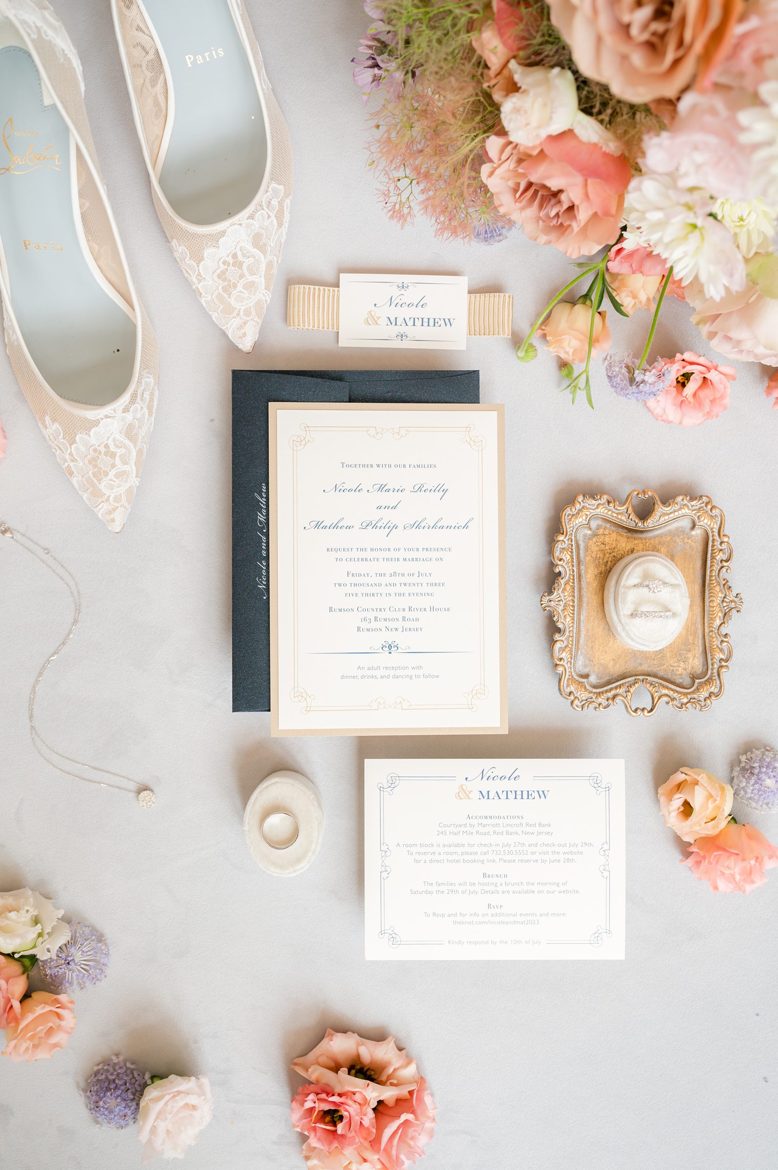 Invitation, wedding rings details at Riverhouse at Rumson Country Club