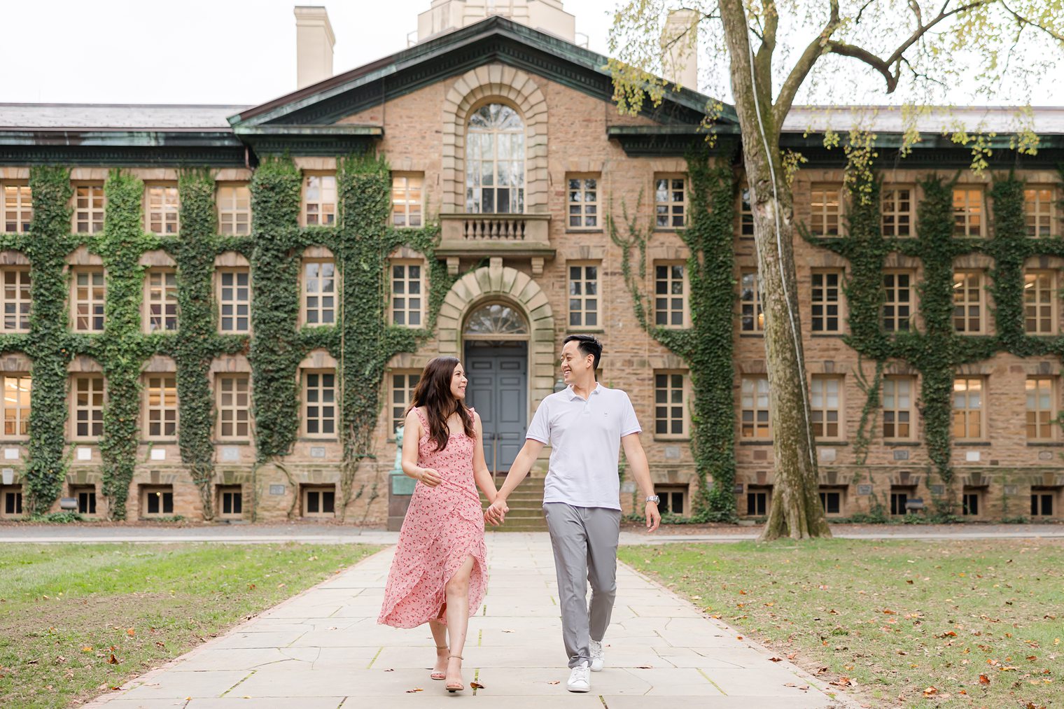 Bride and Fiancé walking in the campus of Princeton University