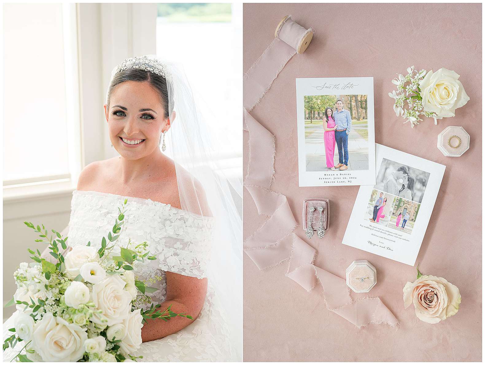 bridal portrait and save the dates flatlay