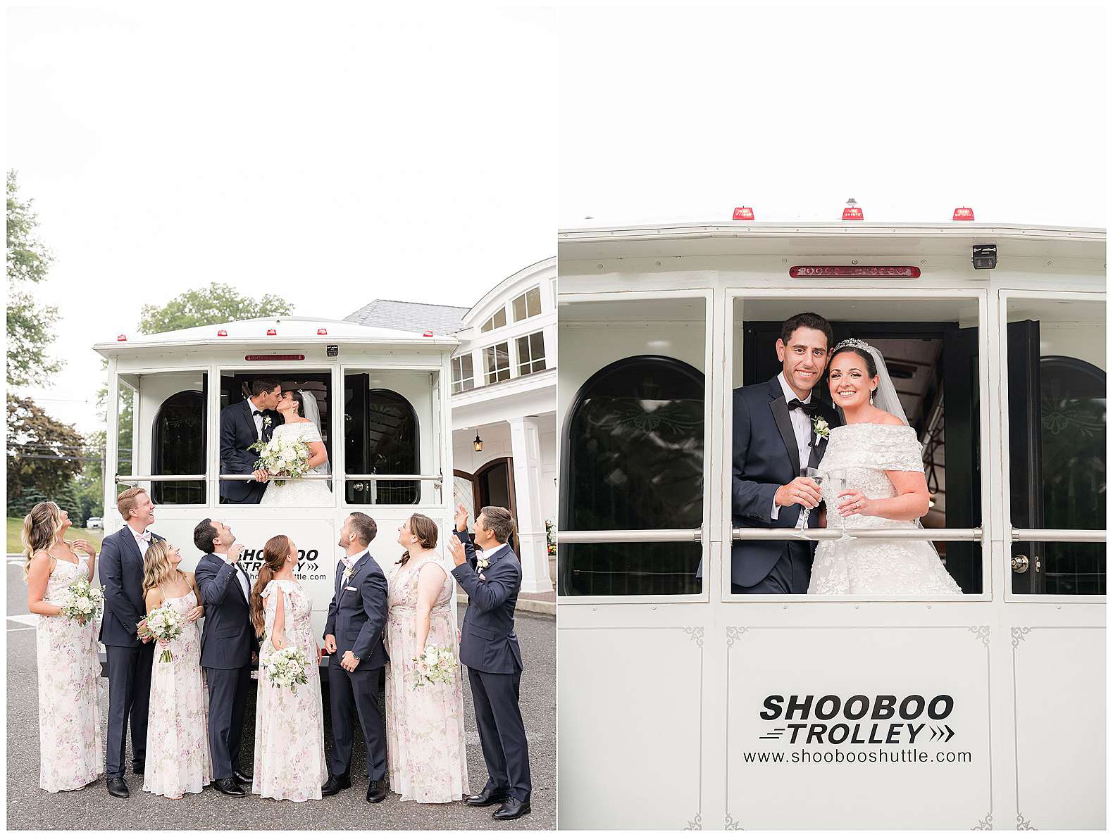 bridal party cheering for bride and groom in Shooboo Trolley at The Mill Lakeside Manor in Spring Lake, NJ