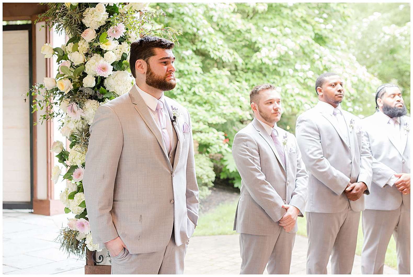 groom seeing bride walking down the aisle at Scotland Run wedding in Williamstown, NJ