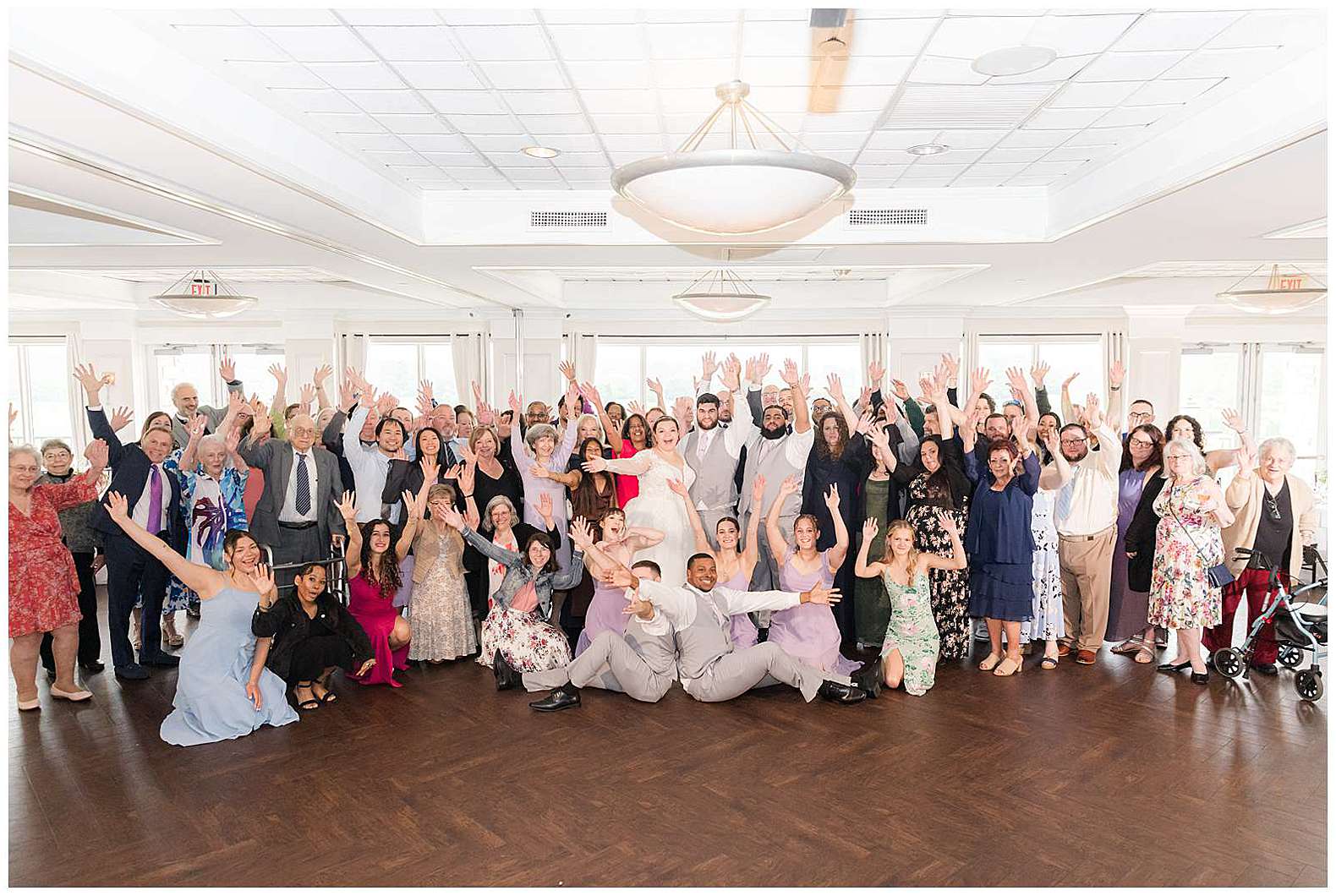 big group photo during wedding reception at Scotland Run 