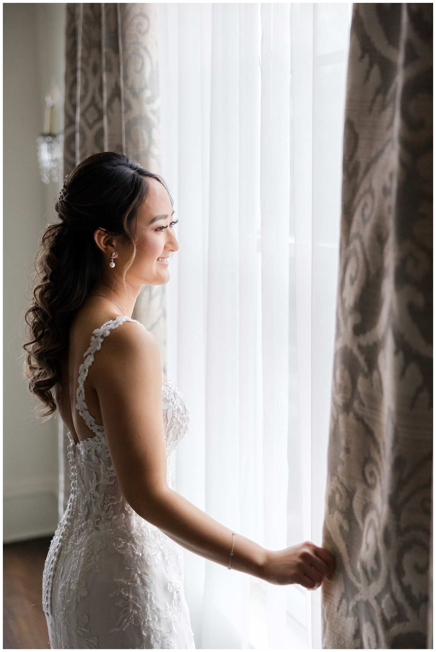 bride looking the window