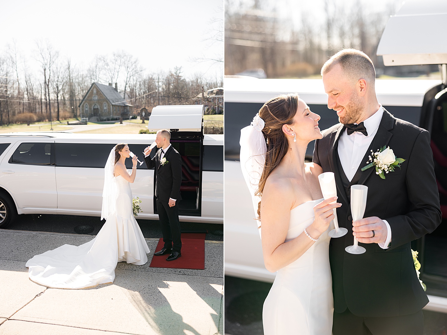 Bride and groom champagne toast beside vintage car