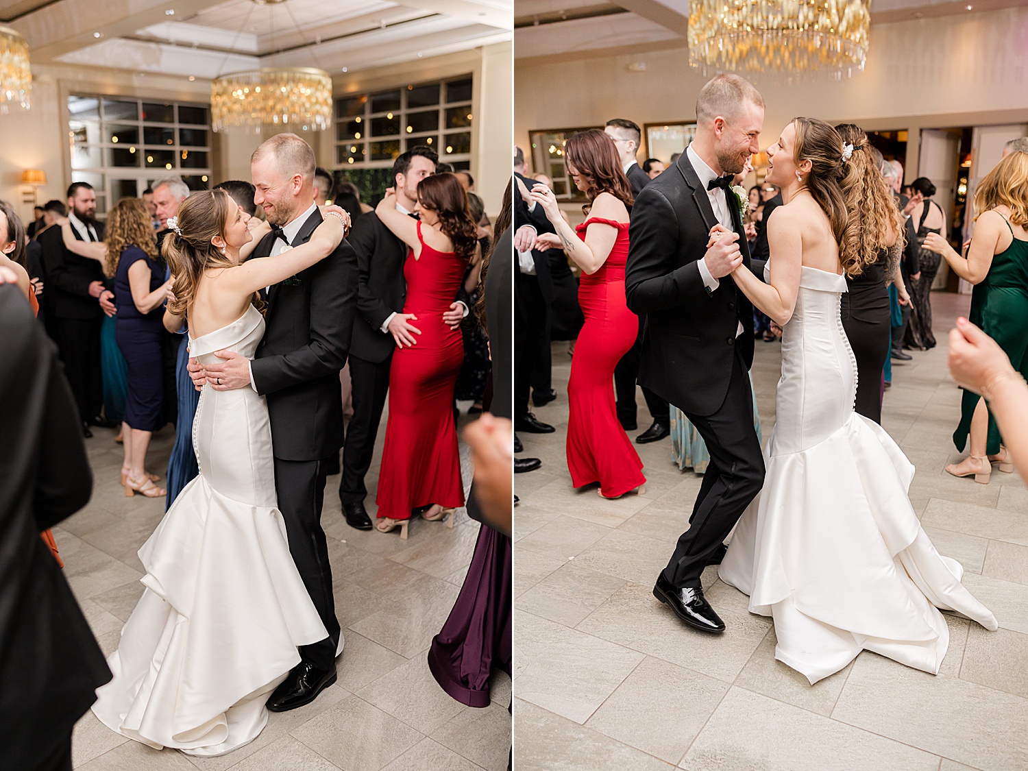 Bride and groom dancing with guests during lively wedding reception
