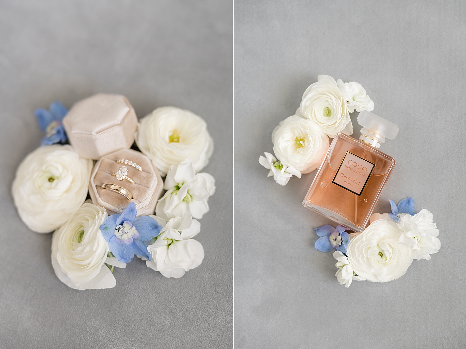 Bridal accessories with white flowers and perfume arranged for luxury wedding details