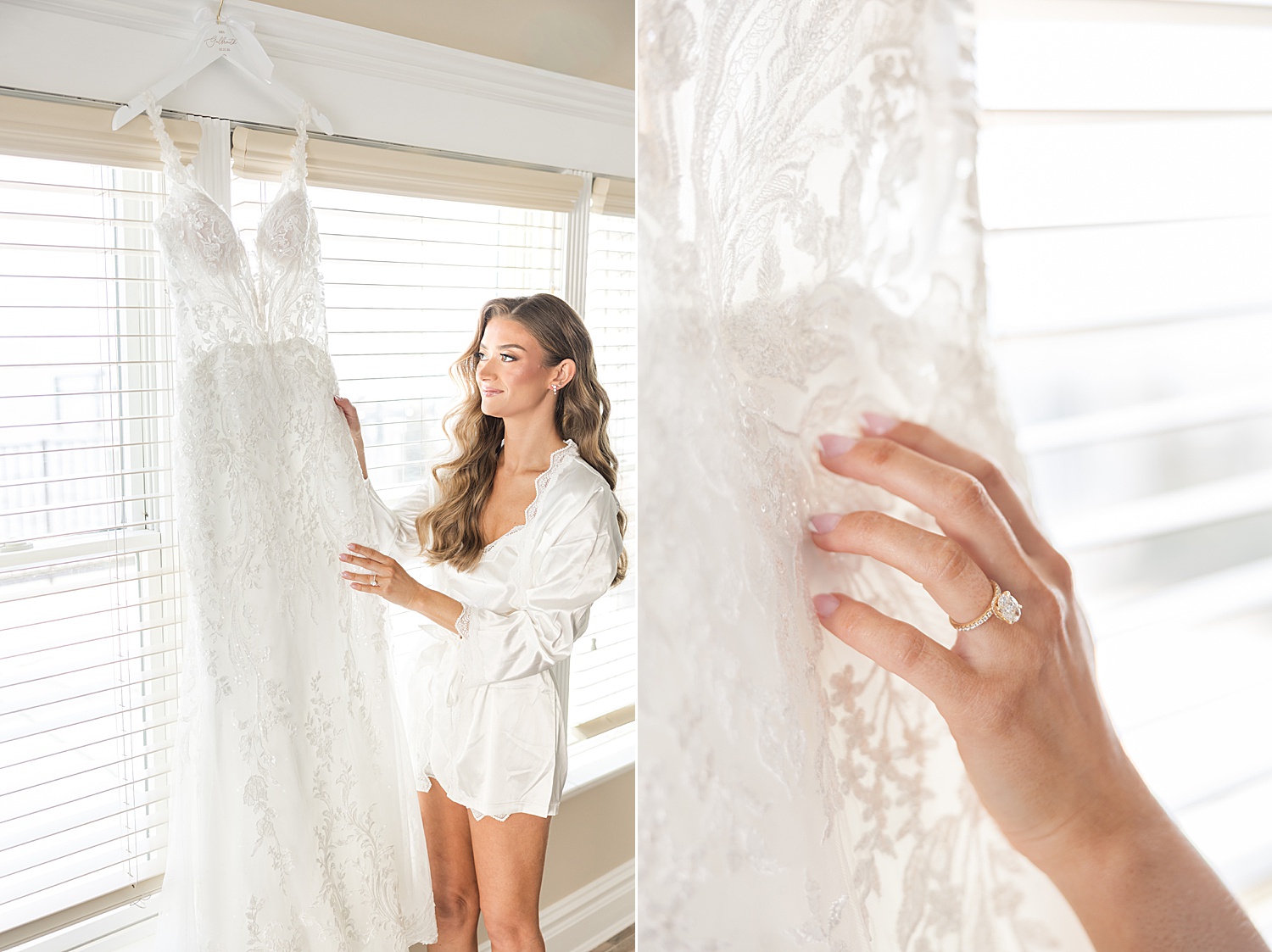Bride touching lace wedding gown while getting ready in bridal suite