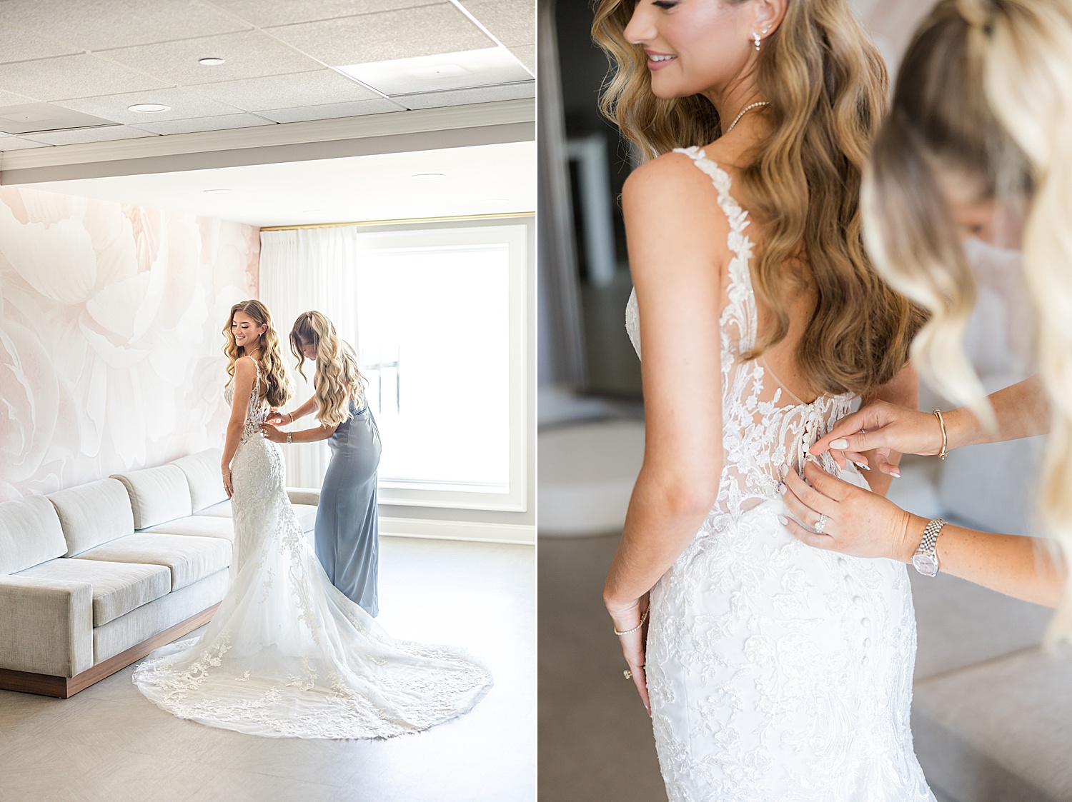 Bride admiring reflection while preparing for wedding ceremony indoors