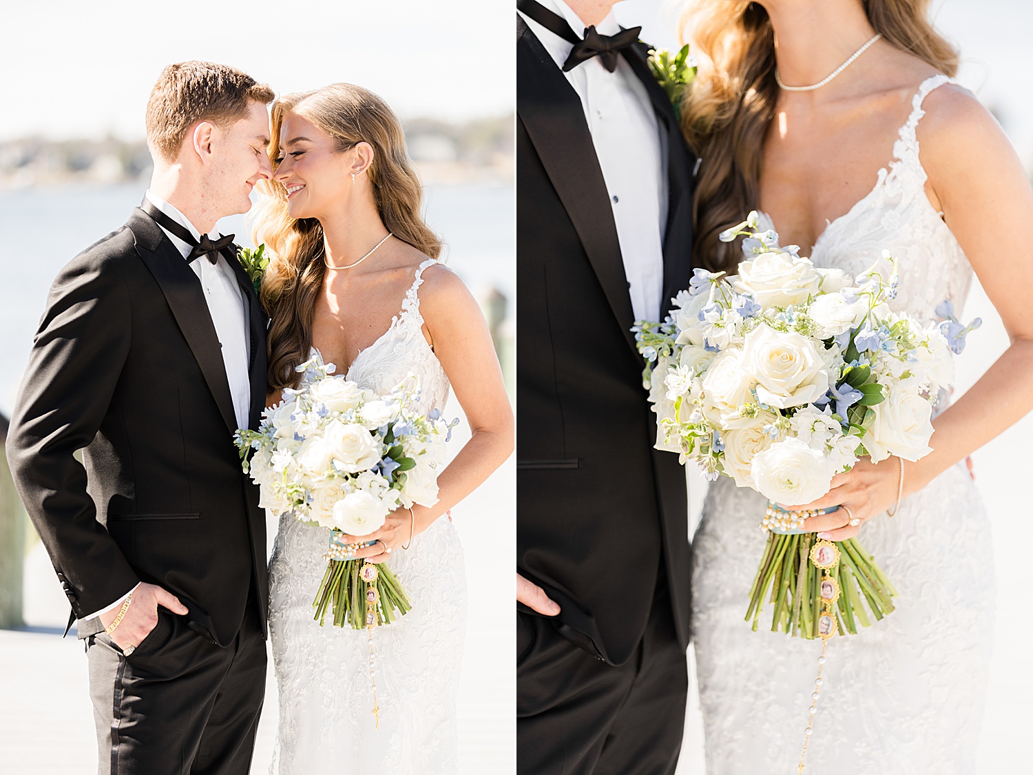 Close-up portrait of newlywed couple with bouquet during waterfront wedding