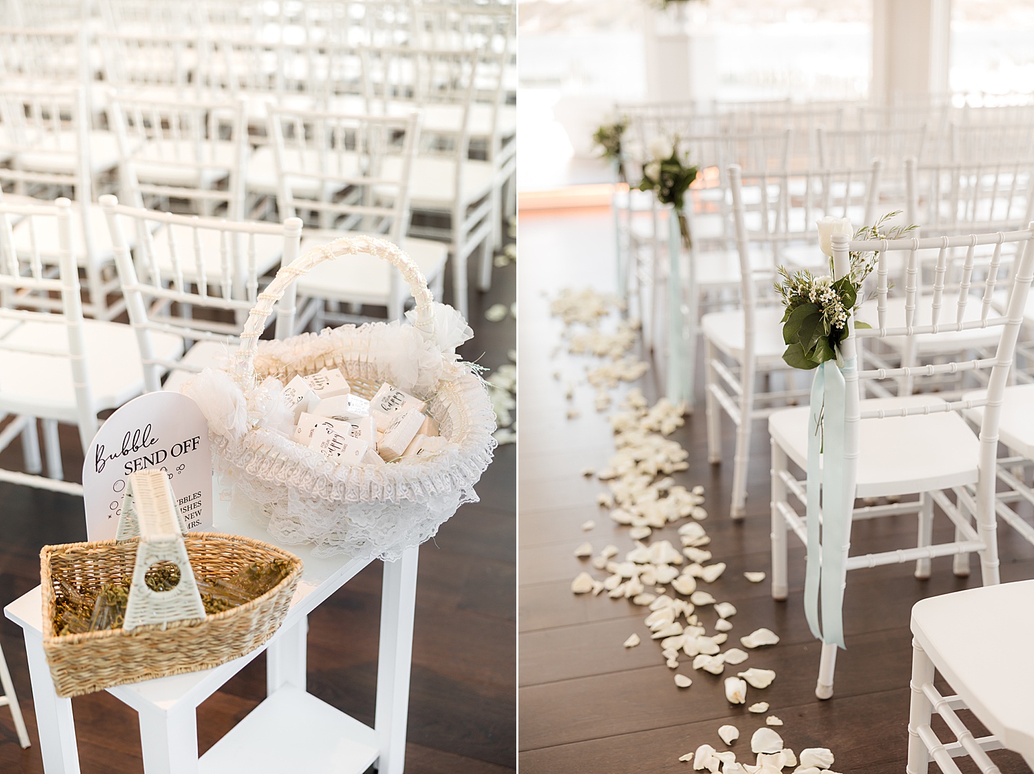 Wedding reception table setup with white chairs and elegant floral centerpieces