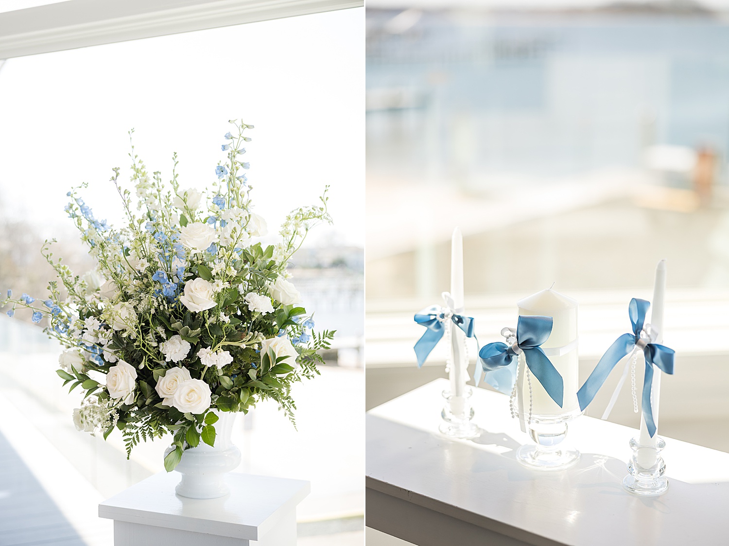 Blue and white wedding floral centerpiece displayed on reception table