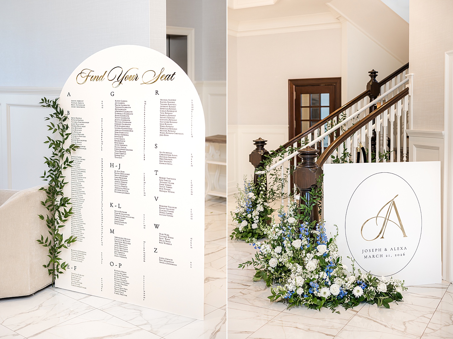 Luxury wedding welcome sign with floral decor at venue entrance