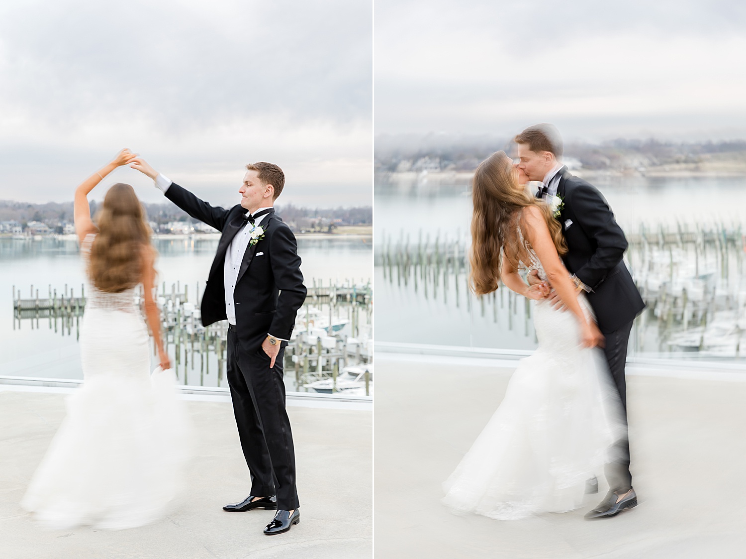 Bride twirling outdoors with groom during waterfront wedding portrait session
