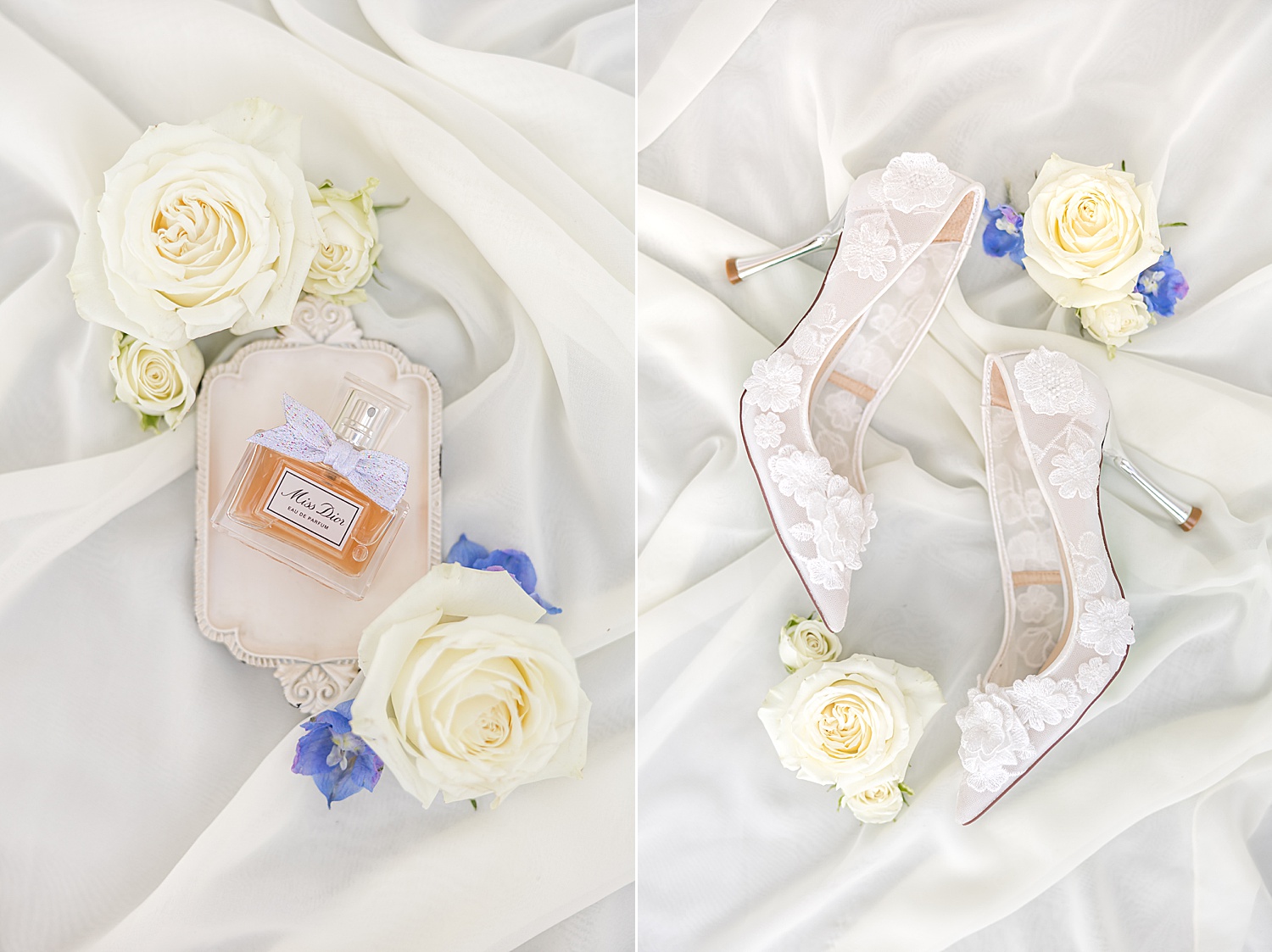 Bridal wedding flat lay with perfume, flowers, shoes, and elegant accessories