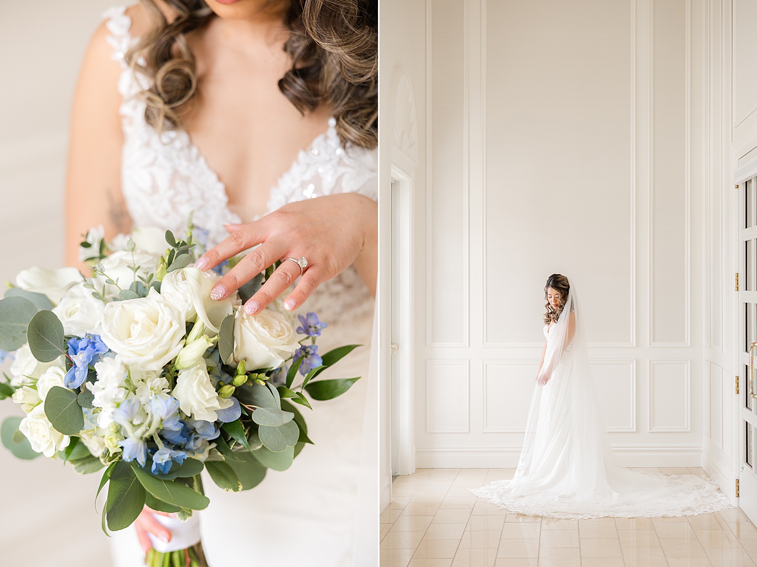 Close-up bridal portrait with bouquet and soft natural wedding lighting