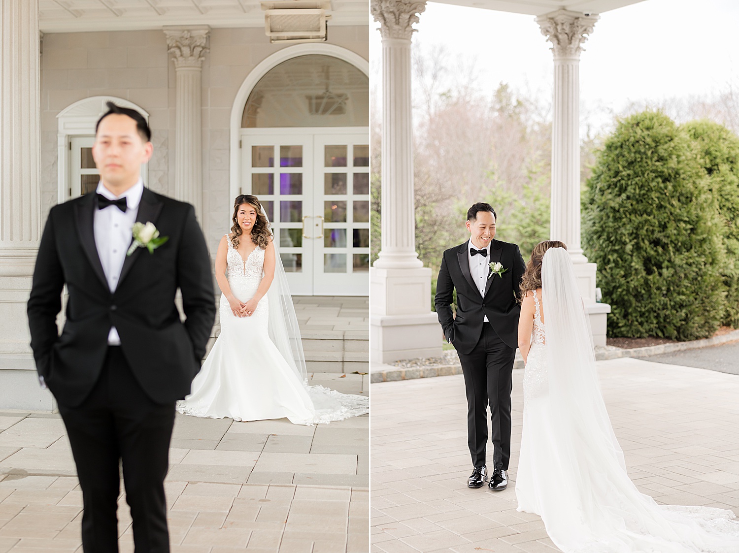 Bride and groom walking together outside elegant wedding venue entrance