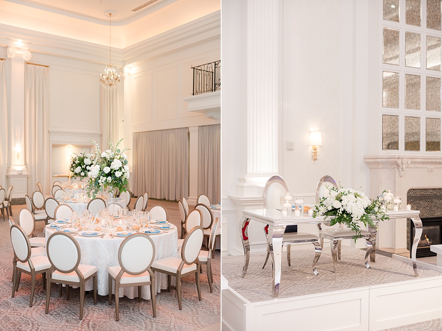 Upscale ballroom reception space with round tables and white wedding decor