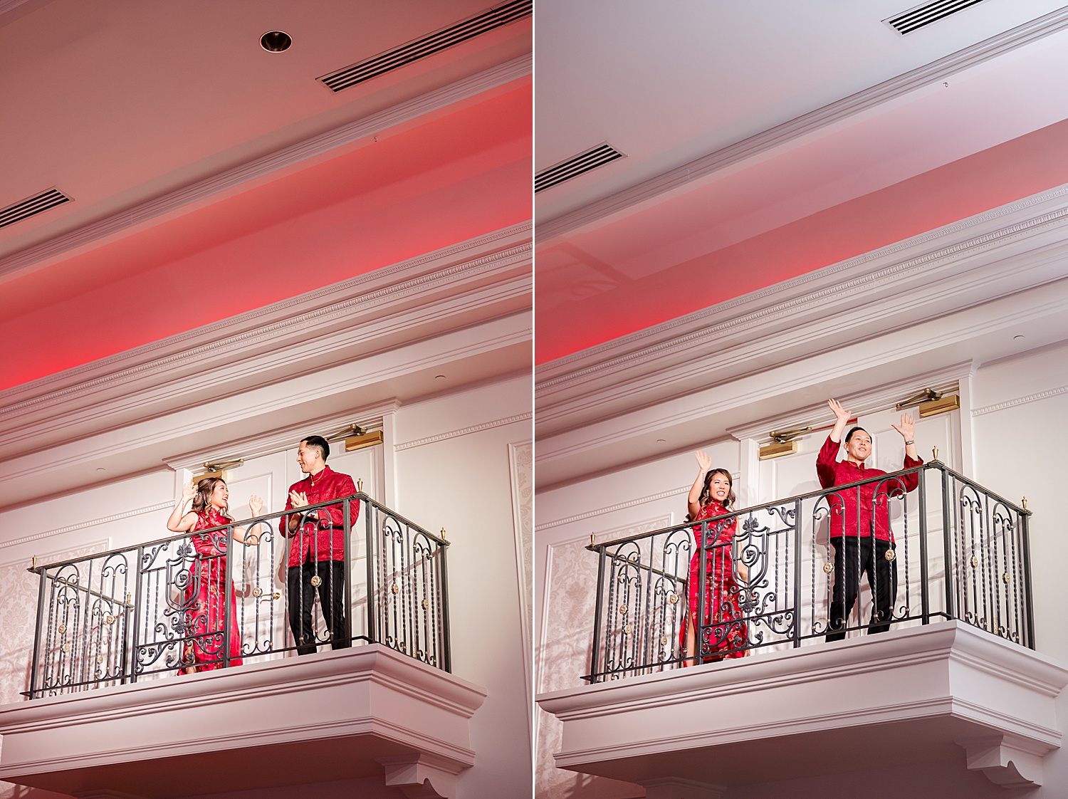 Bride and groom posing on balcony with dramatic red reception lighting